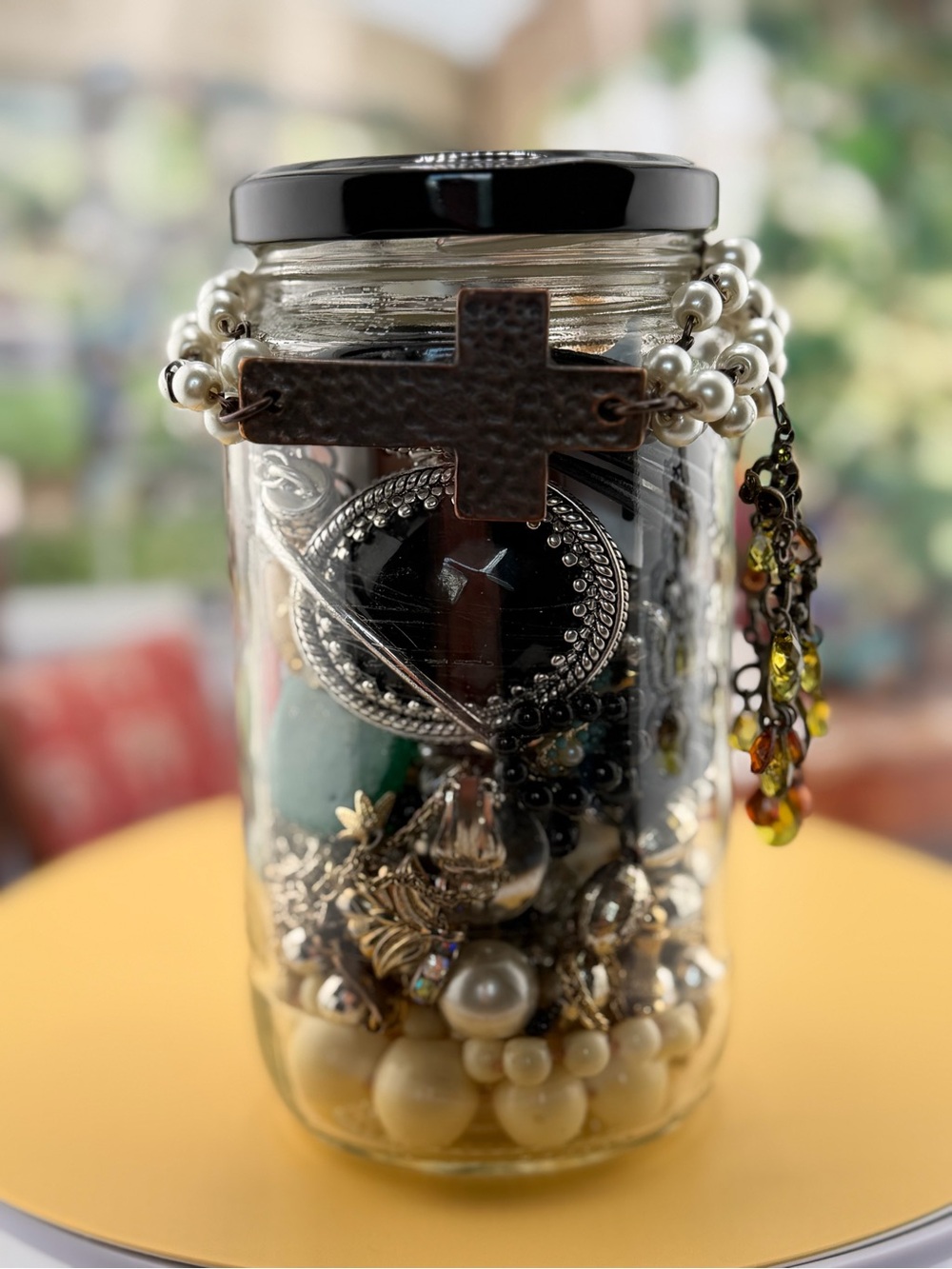 Vintage Jewelry Jar with Cross Bracelet Wearables- Ring Necklaces Pendants